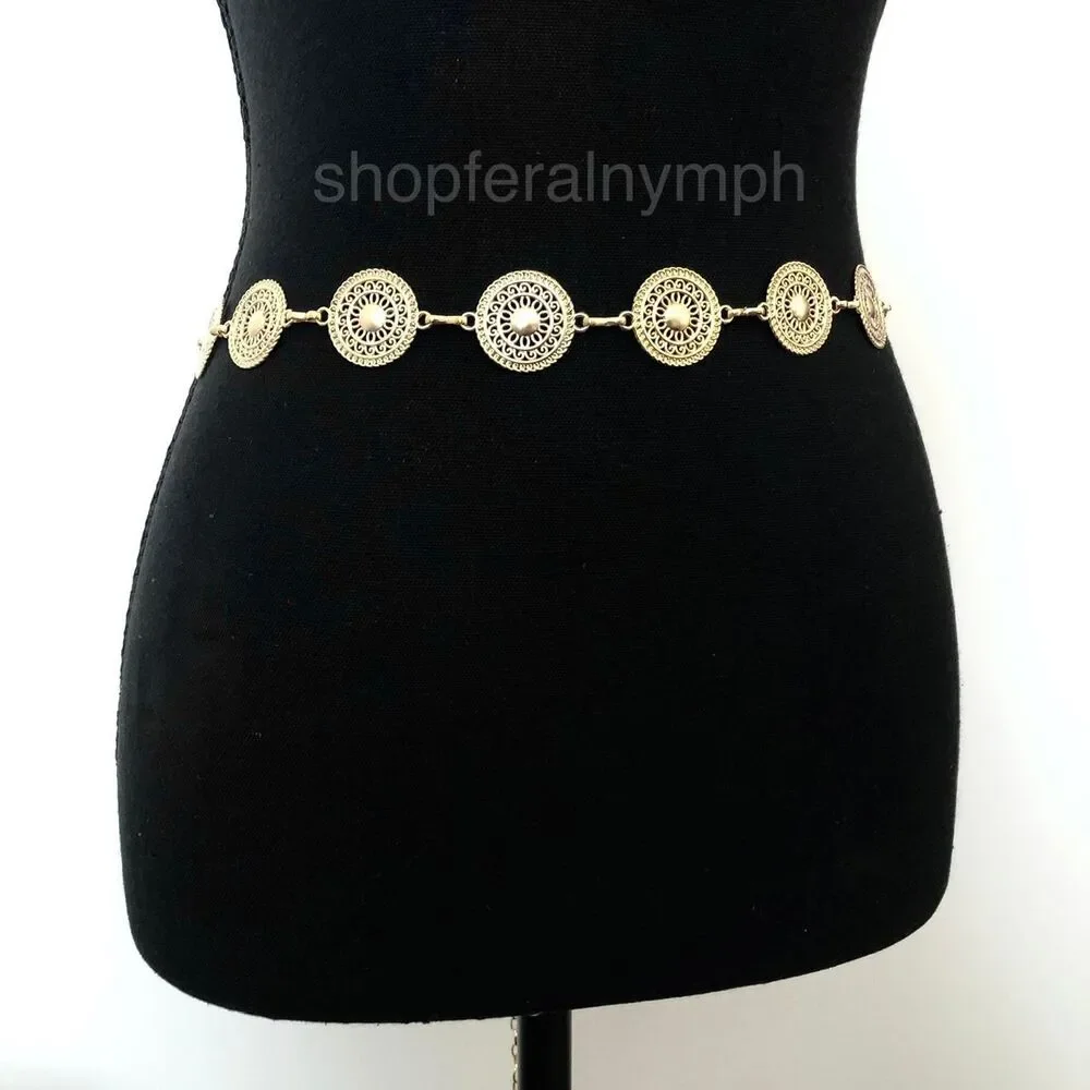 Gold Y2K Textured Round Medallion Boho Chain Belt, Fits 25-44.5 Inches, X7GA1247
